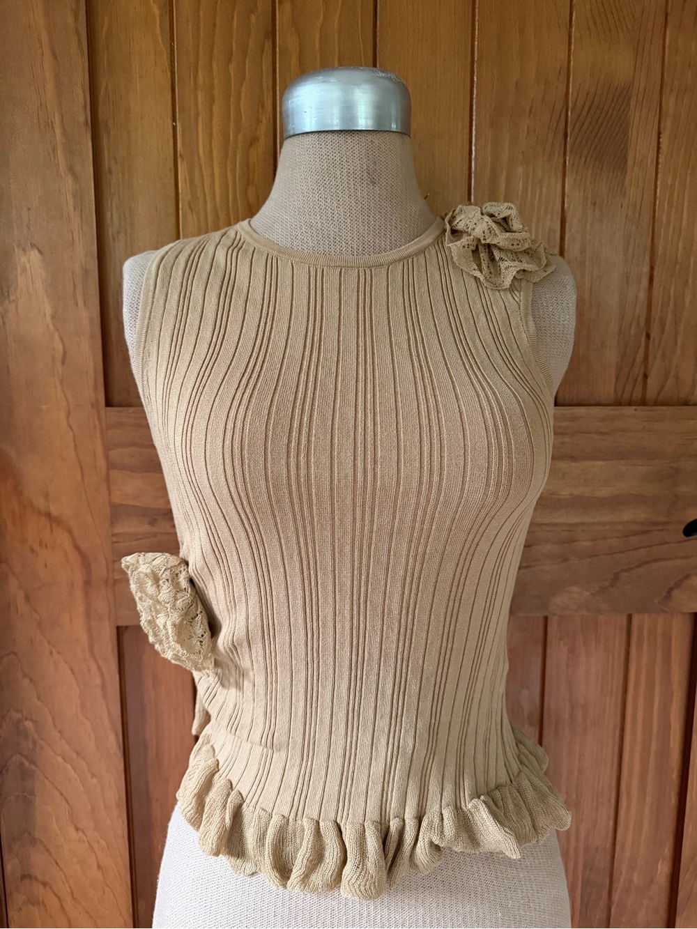 Zara Women’s Beige Ribbed Sleeveless Knit Top with 2 Rosette-Floral Accents